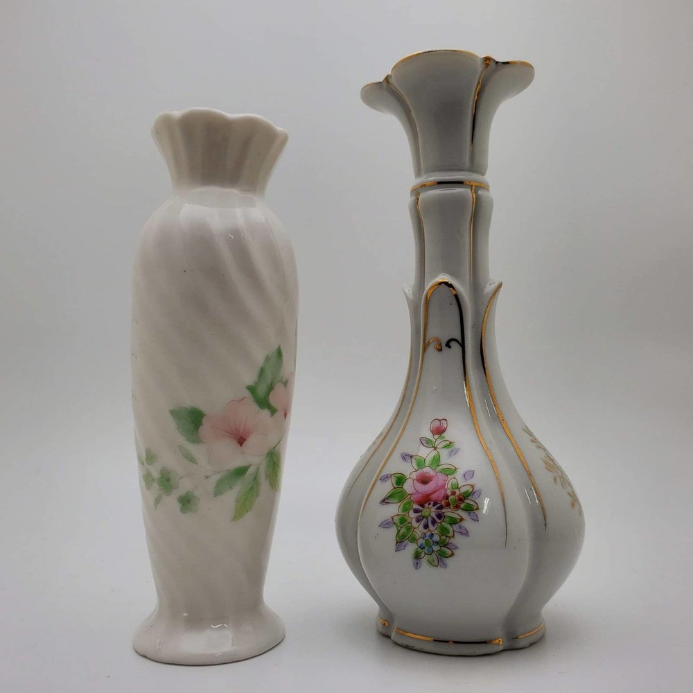 Lenox Porcelain Floral Bud Vase With Gold Trim 2 small vase set Pre-owned